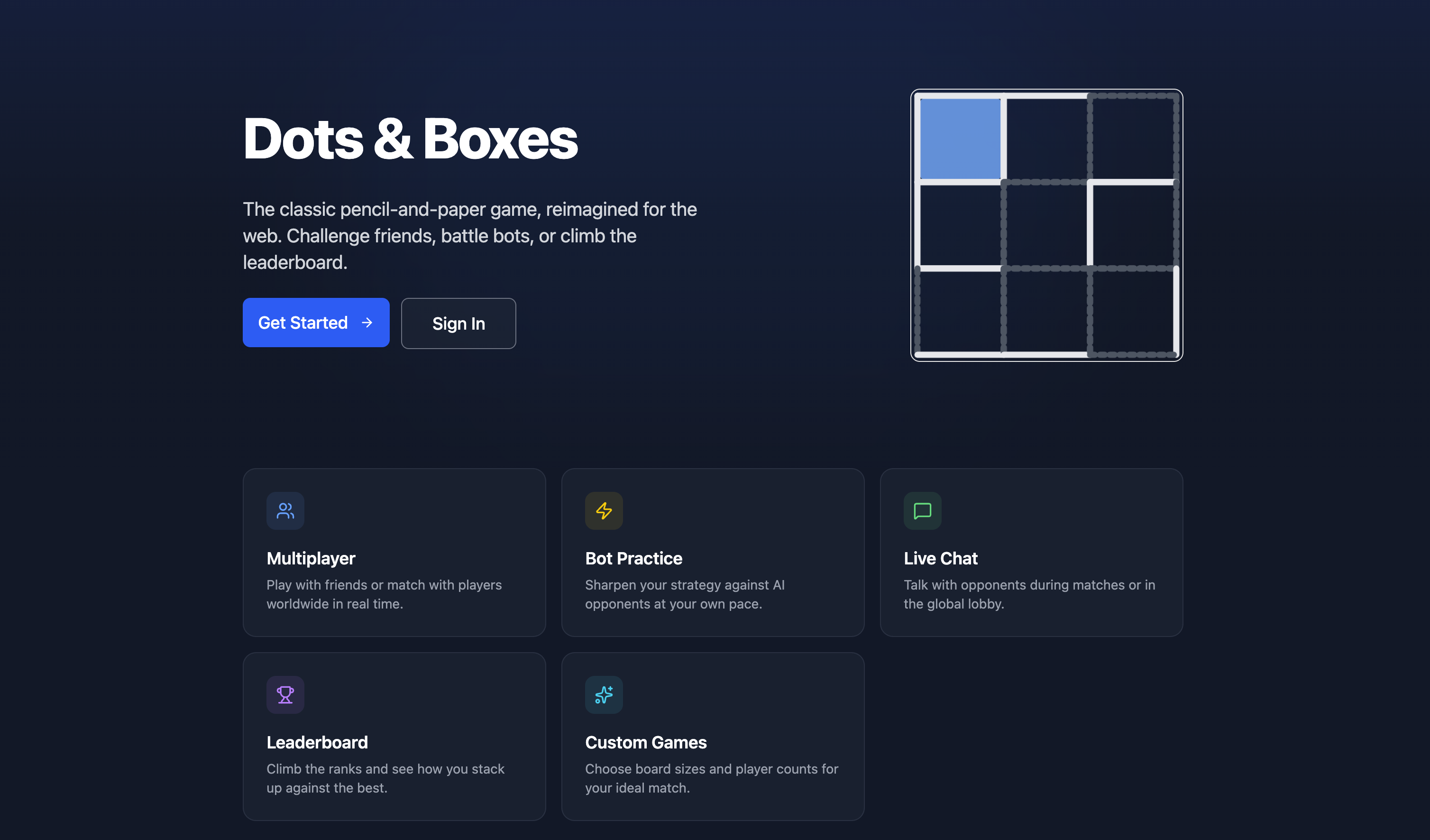 Gameplay image of Dots and Boxes Online, a self-hosted multiplayer game running on a homelab.